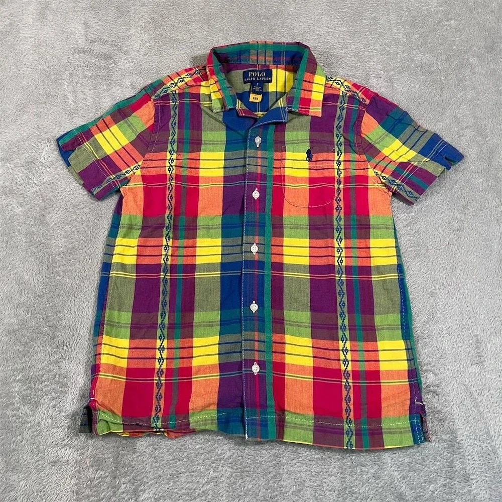 Ralph Lauren Boy's Size 7‎ Plaid Oxford Short Sleeve Button-Up Shirt Multicolor
